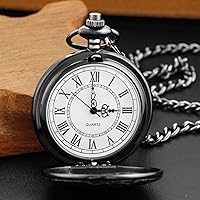 Vista 5 de Large Decorative Flower Pattern White Roman Numeral Scale Quartz Pocket Watches for Men with Chain