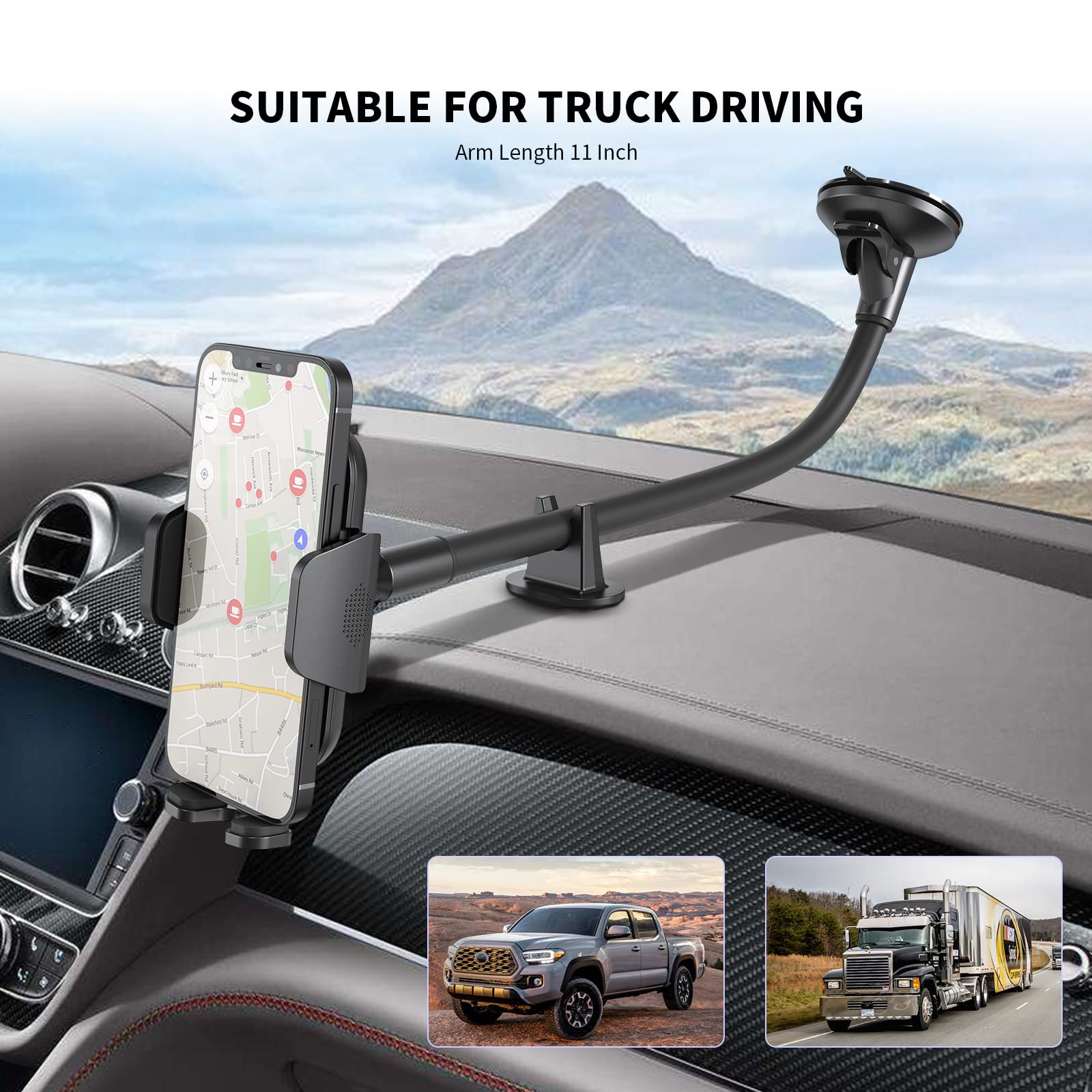 Soporte flexible para teléfono de coche de 11 pulgadas, resistente, de brazo largo, para coche, camión, parabrisas, salpicadero, ventosa, soporte para teléfono de coche, estabilizador antivibración