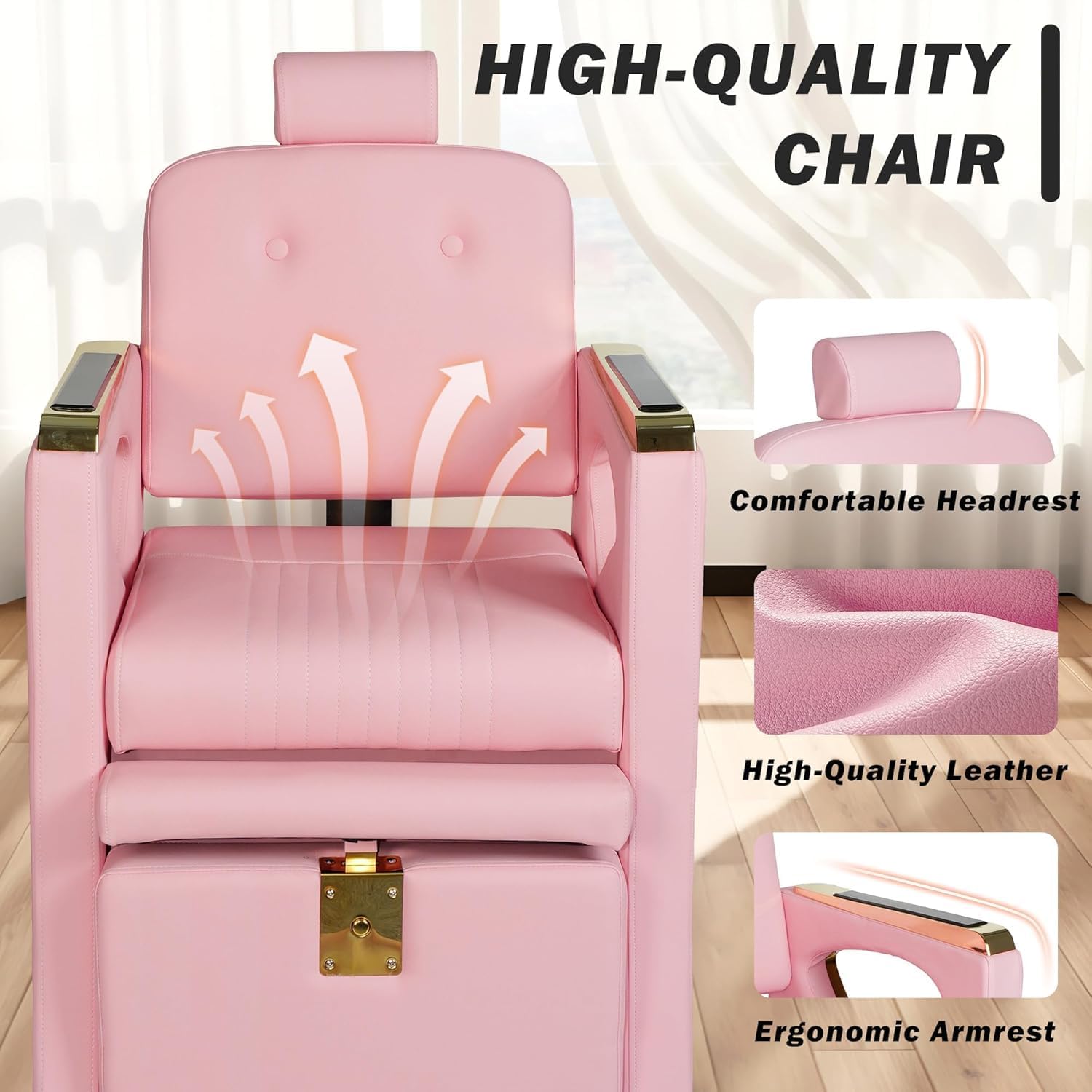 Pedicure Chair for Nail Tech, Professional Reclining No Plumbing Pedicure Station Unit with Sliding Foot Bath and Adjustable Legrest, Rolling Stool, Beauty Spa Salon Massage Station, Pink
