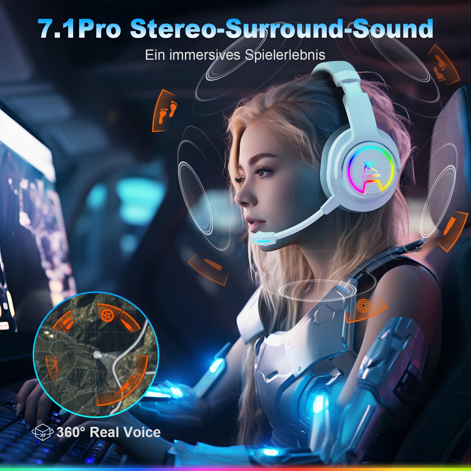 Krysenix PG3 2,4 GHz Cascos Gaming Inalámbricos para PS5, PS4, PC, Mac, Switch, Auriculares Inalámbricos Bluetooth 5.4 con micrófono Desmontable, 7.1 Sonido Envolvente, Duración 48Hr, Luz LED
