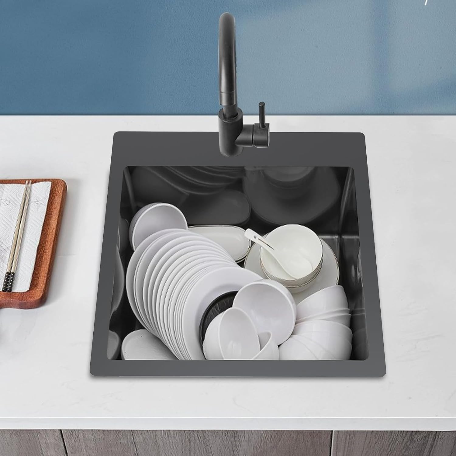 Black Kitchen Sink, Stainless Steel 18 x 18 Inch Top Mount Kitchen&Bar Sink Single Bowl Drop In Sink Set - Stainless Grid, Silicon Mat, Retracable Basket For Modern Stylish Kitchen