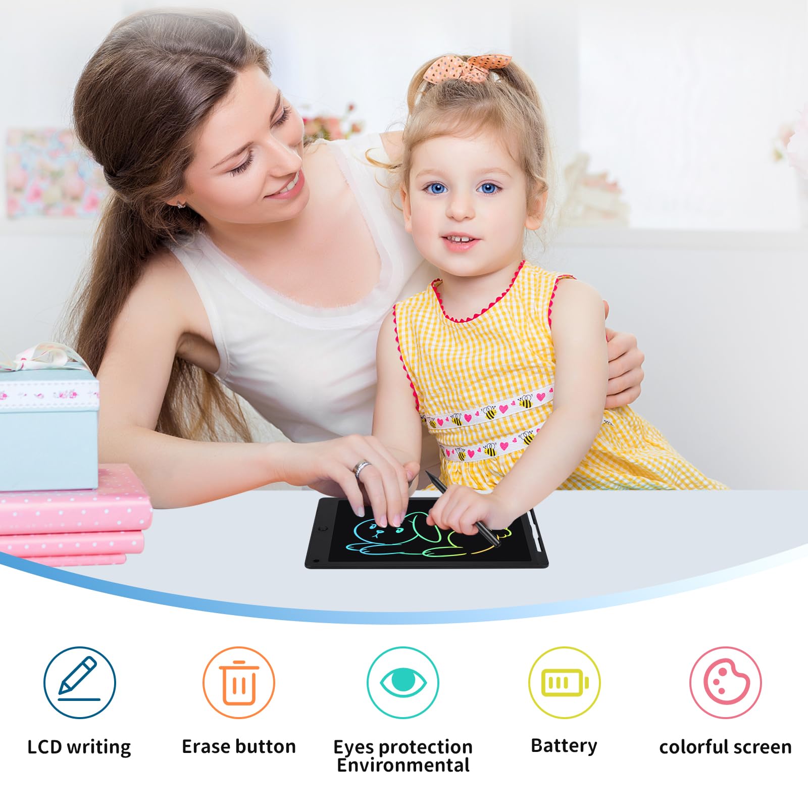 Tableta Escritura LCD Color 8.5 Pulgadas, Tablet Escritura Niños, Pizarra Digital con Botón De Eliminación de Pantalla e Interruptor de Bloqueo para Juegos para 2 3 4 5 6 7 Años, Negro