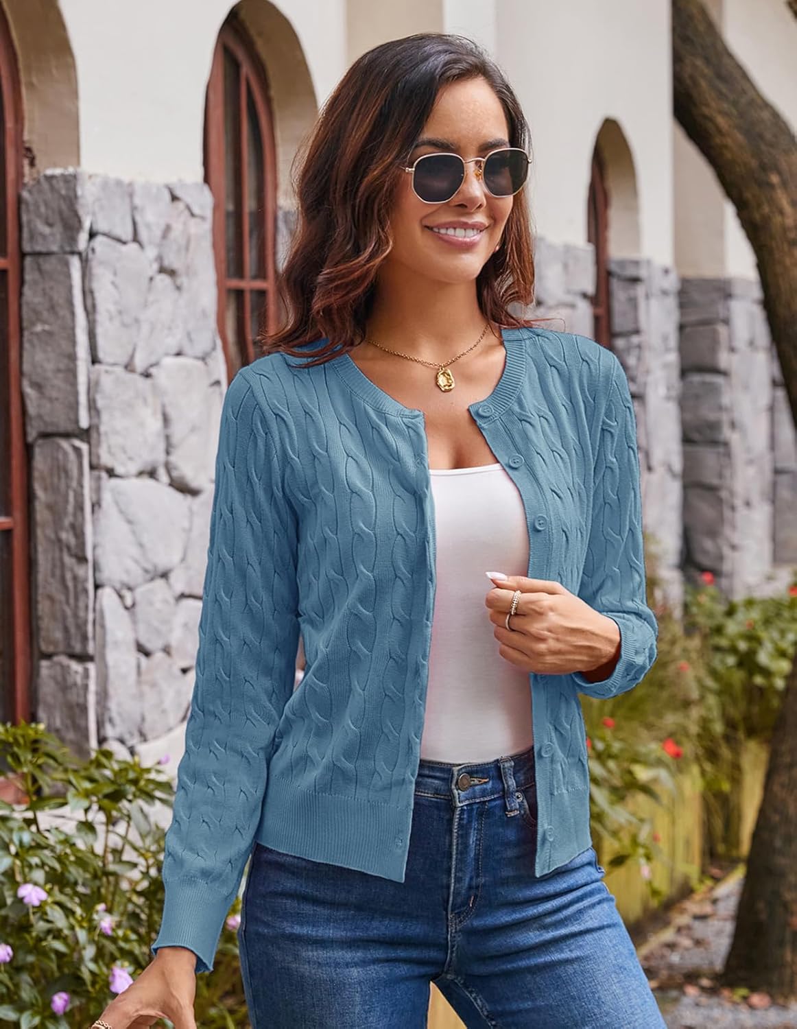 GRACE KARIN Womens Long Sleeve Button Up Cable Knit Cardigan Lightweight 2026 Crewneck Button Down Sweaters for Women - Image 3