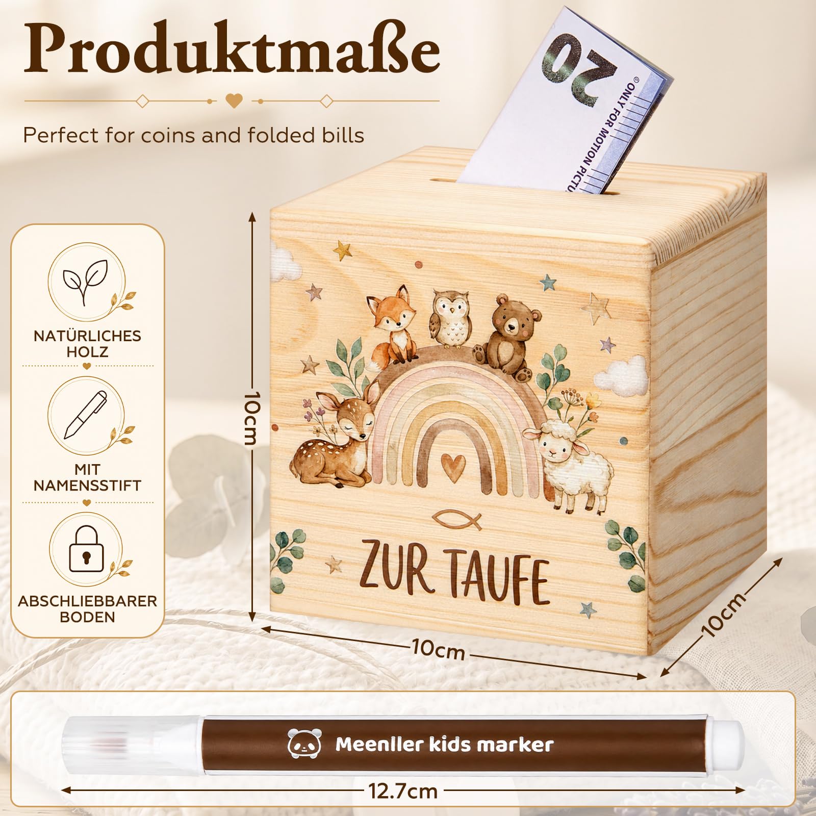 Jadive Spardose Holz mit Schlüssel und Marker 10 x 10 cm Holzspardose Personalisiert Taufgeschenk für Mädchen/Jungen Taufspardose zur Geburt Einschulung