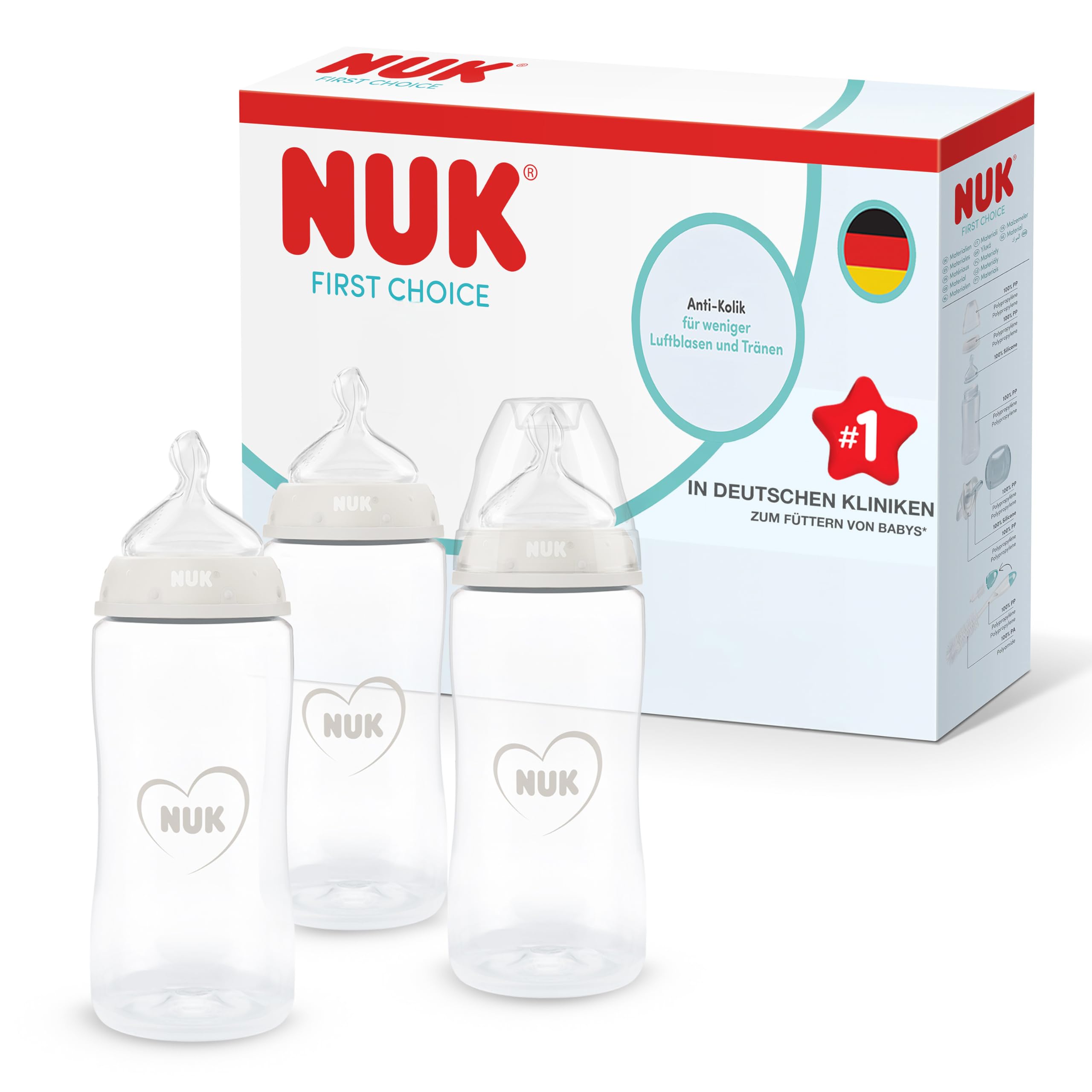 NUK First Choice Babyflaschen | 3+ Monate | 300 ml | Anti-Kolik-Trinkflasche | PP | Temperature Control Anzeige | Neutral | 3 Stück