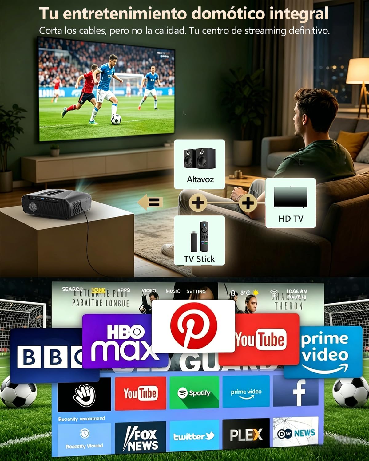 Proyector 4K UHD de 2300 ANSI para Uso diurno, Cine en casa, HDR10, WiFi 6, Bluetooth, NFC, Proyectores Inteligentes con Android, Enfoque automático/corrección Trapezoidal, HDMI ARC, USB, WLAN