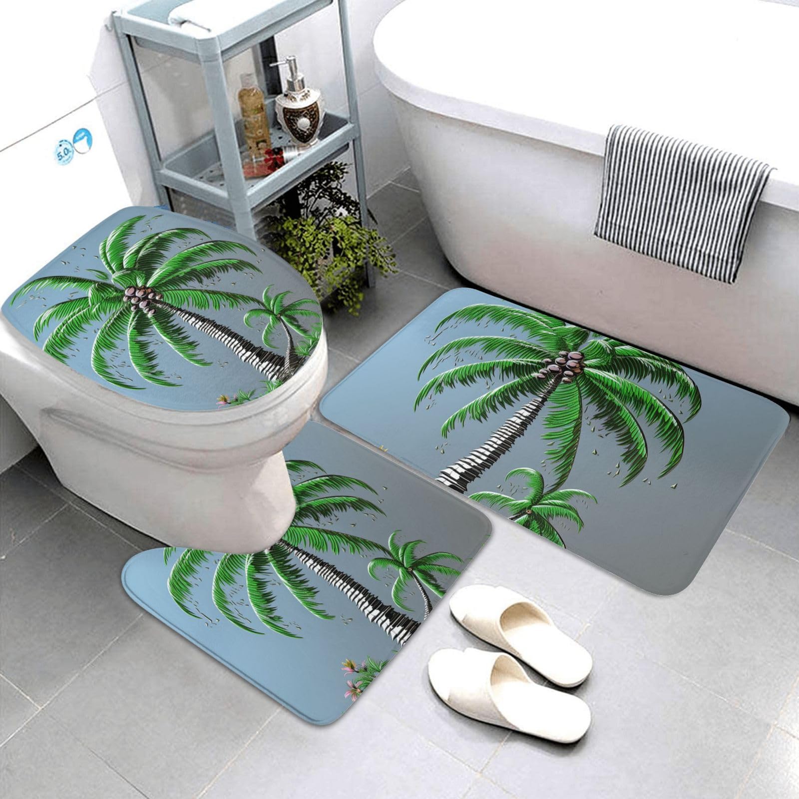 Dwrepo Coconut Tree Print Bathroom Rug Set 3 Piece with Non-Slip U-Shaped Contour Mat and Toilet Lid Cover for Bathroom Decoration