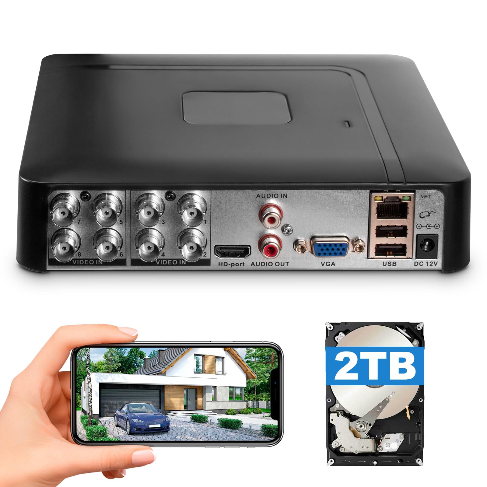 Enregistreur vidéo numérique 8 canaux 5 MP CCTV DVR H.265+ Sécurité 8CH avec disque dur de 2 To, hybride 5 en 1 (TVI/AHD/CVI/CVBS/IPC) DVR filaire pour caméra de sécurité, accès à distance