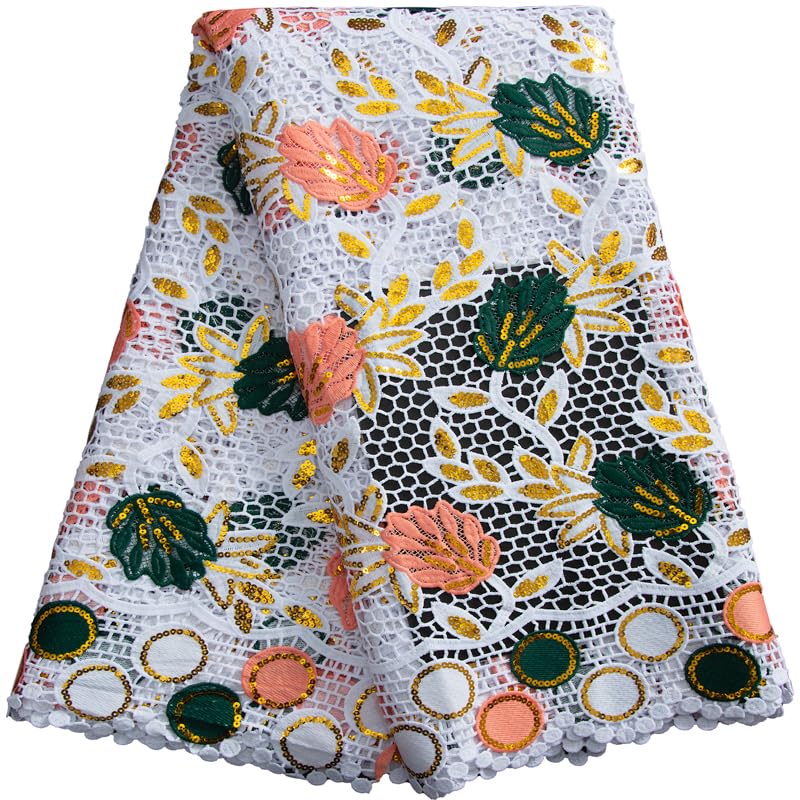 SJD LACE African Lace Fabric 2.5 Yards, Water Soluble Sequins Guipure Cord Lace Fabric for Party Dress Sewing
