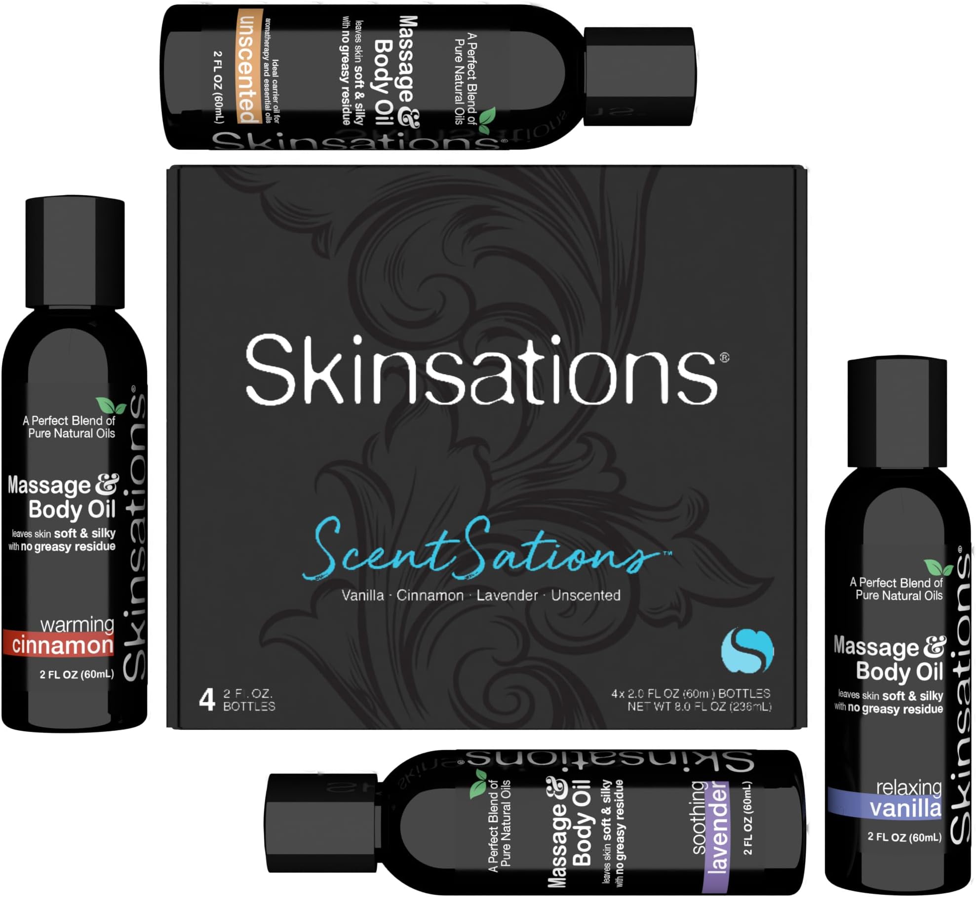 Skinsations – Massage Oil Gift Set – Variety Set for Couples, Travel Size (4 × 2oz) – Lightweight, Non-Greasy, Hydrating Body Oils for Relaxation & Gifting – Vanilla, Cinnamon, Lavender & Unscented