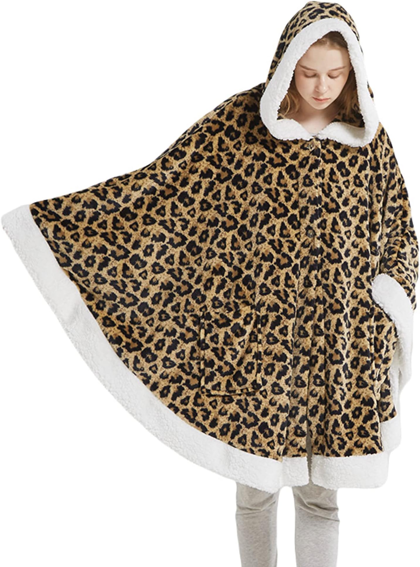 Degrees of Comfort Hooded Blanket Poncho, Cozy Blankets Cape Jacket, Fleece Wearable Hoodie Wrap, Plush Lined Womens Ponchos, Comfy Gifts for Women, No Sleeves, Leopard
