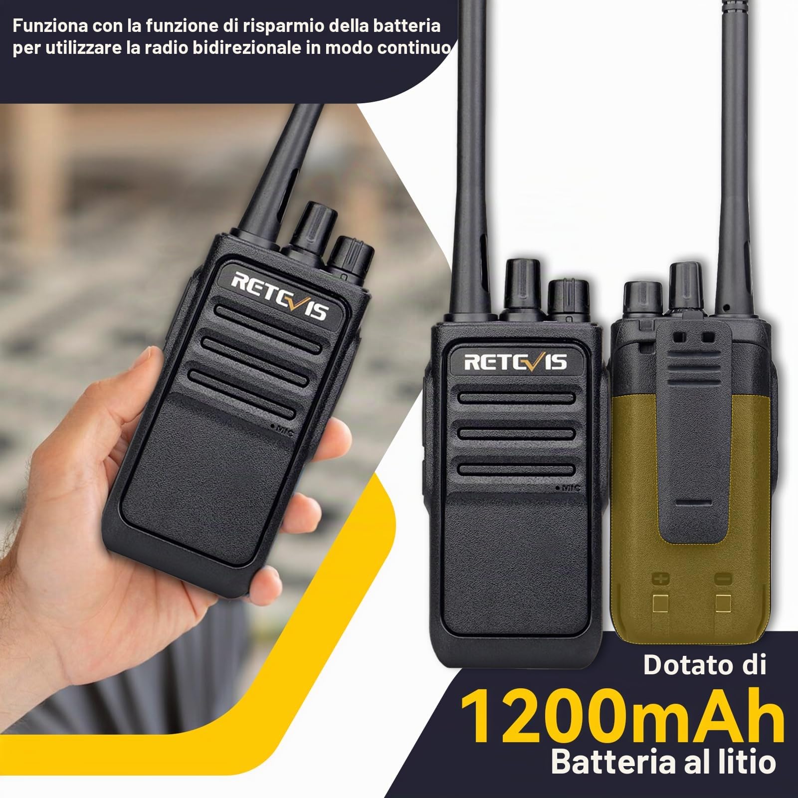 Retevis RT617 Walke Talkie, PMR446 Senza Licenza Ricetrasmittenti, VOX Squelch, Batteria da 1200mAh con Caricatore USB, Walkie-Talkie Professionali per Fabbriche, Sicuro (Nero, 1 Coppia)