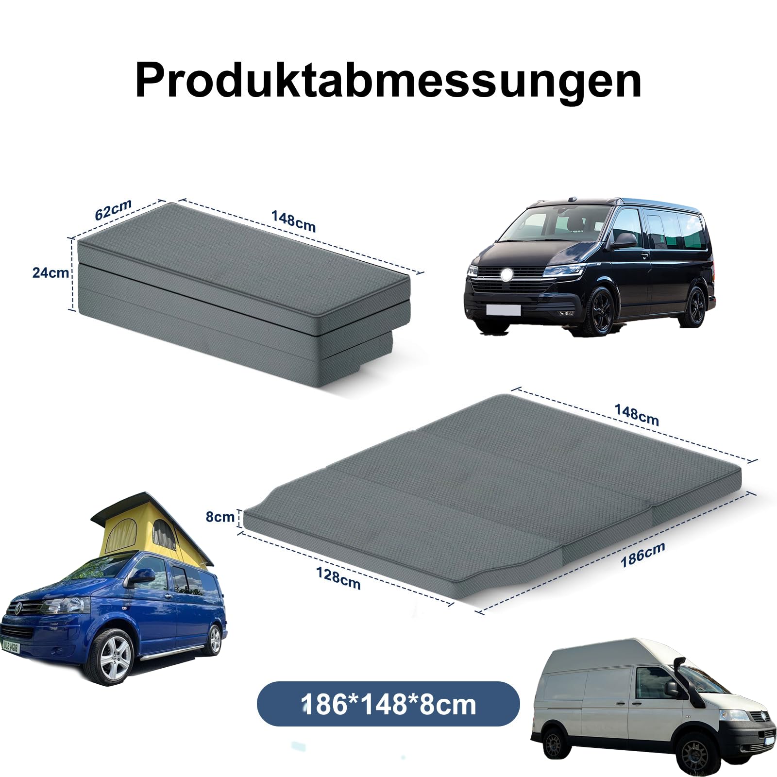 Dicke warme atmungsaktive Faltbare Fahrzeugmatratze kompatibel mit VW T32 T4 T5 T6 T6.1 T7 Multivan California Beach Caravelle und Transporter 186 * 148 * 8cm Wohnmobil Camper zubehör