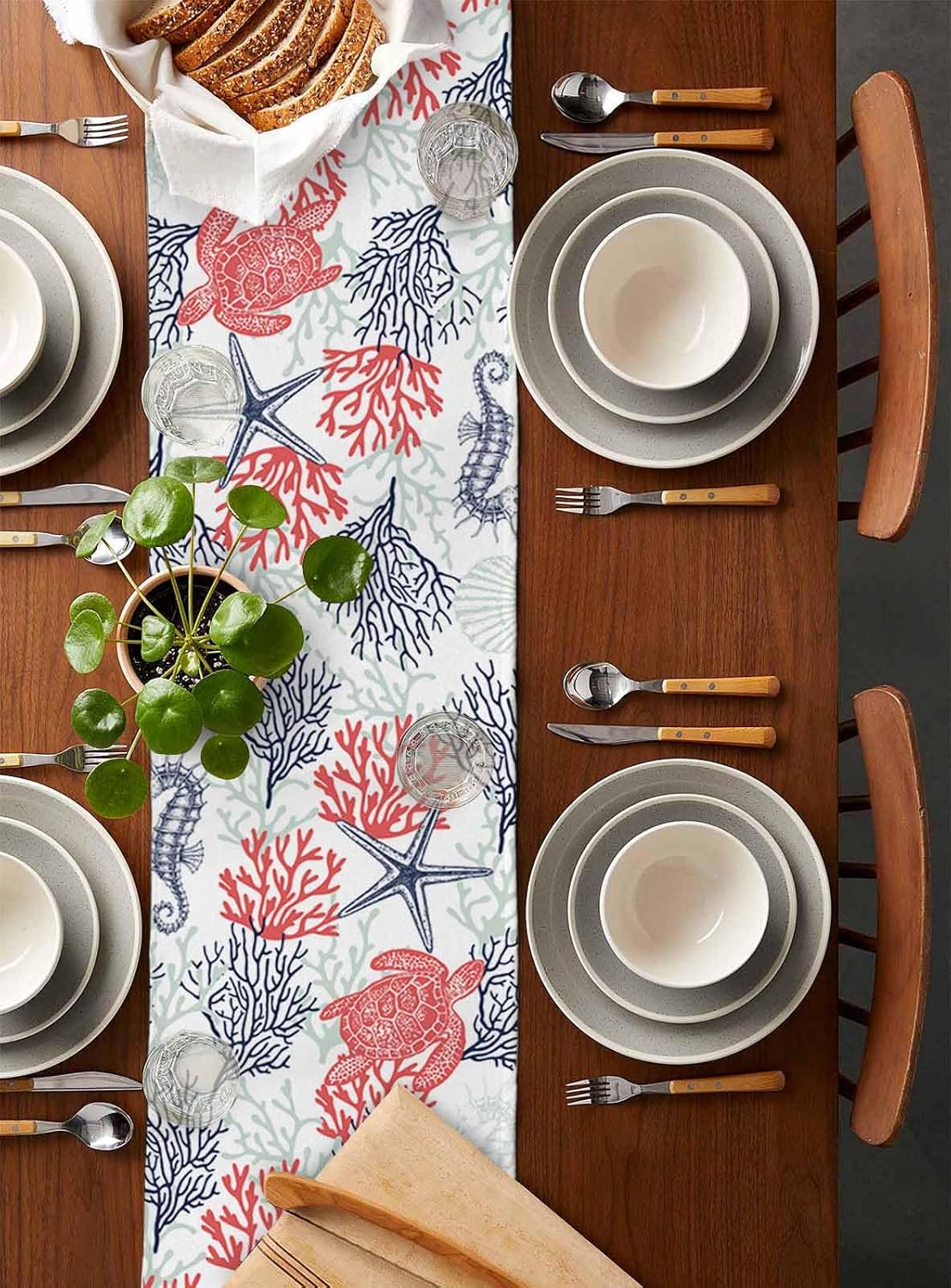 Seven Roses Blue Red Coastal Table Runner 120 Inches Long Farmhouse Dress Scarves, Sea Turtle Nautical Coral Summer Beach Dining Tablerunner for Coffee Table/Kitchen Island/Party Décor, 13"" x 120""