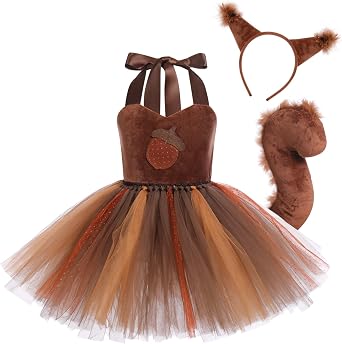 Toddler Girls Squirrel for Kids Princess Themed Party Strawberry Tutu Dress Halter Velvet Birthday Tulle Dress Ears Headband Tail Squirrel 7-8 Years
