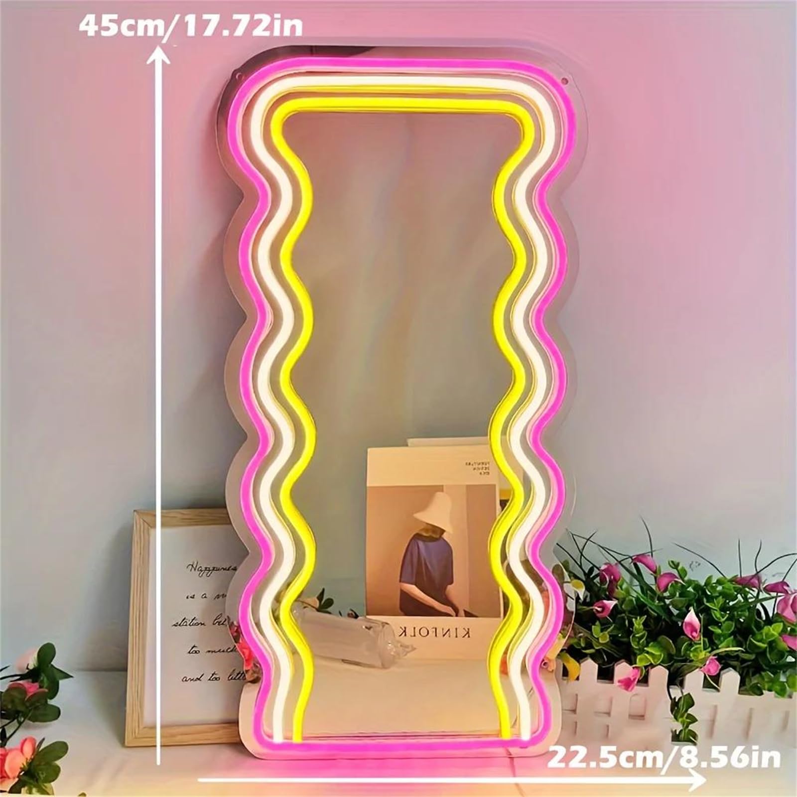 B,Panneau néon LED avec Miroir ondulé alimenté par USB pour Coiffeuse décoration Murale Chambre à Coucher Cadeaux artistiques décoration Table Maquillage Cadeaux d'anniversaire