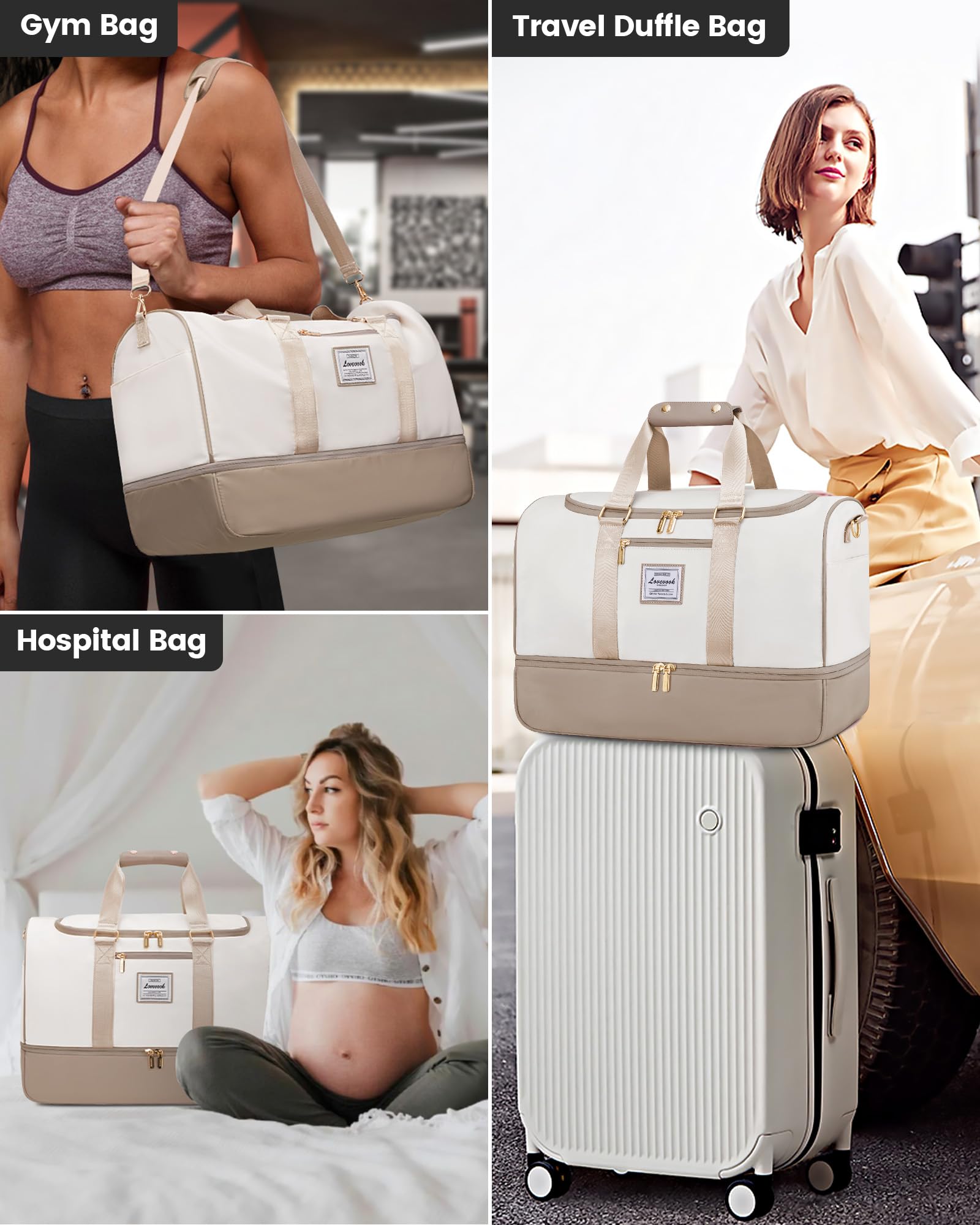 LOVEVOOK torba podróżna damska, torba weekendowa Travel Duffle Carry On Bag z kosmetyczką, kieszenią na buty i przegródką na mokre rzeczy, wodoszczelna torba sportowa Gym Yoga Bag, torba podręczna na