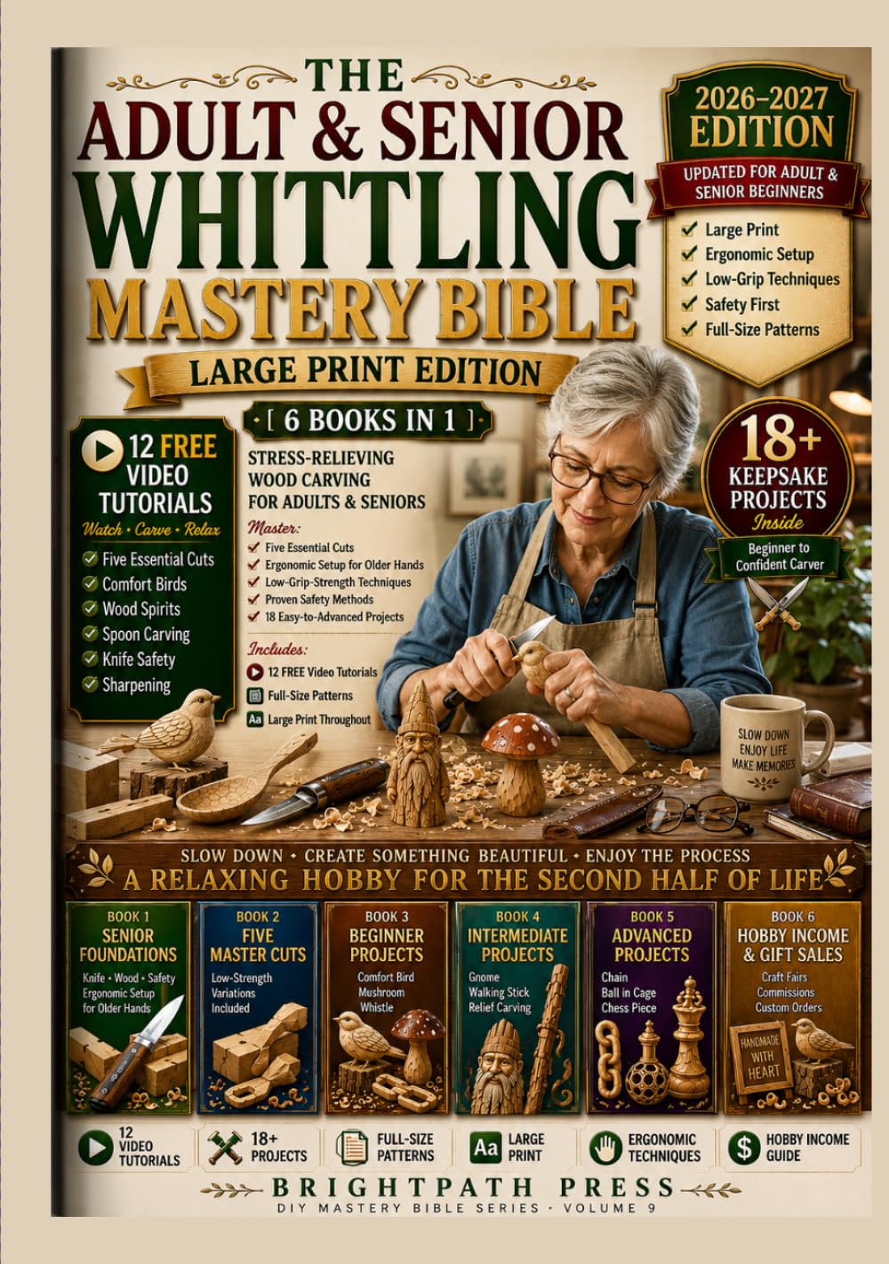 The Adult & Senior Whittling Mastery Bible [6 Books in 1] · LARGE PRINT EDITION: Stress-Relieving Wood Carving for Adults & Seniors Over 60 - Patient-Pace Step-by-Step, Ergonomic Setup for Older Hands