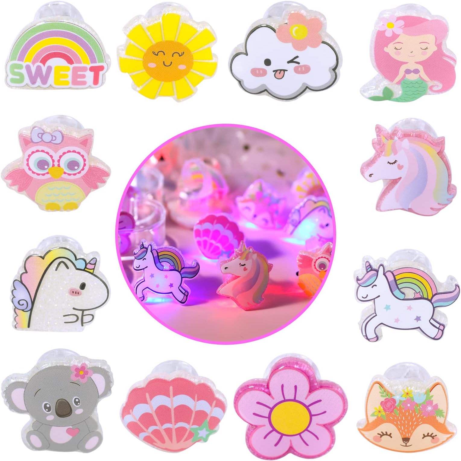 PinkSheep Little Girl Light Up Ring Glow Rings Finger Lights in Box 12PCS Adjustable Light Up Rings Party Favors Glow in The Dark Rings Girl Pretend Play and Dress Up Rings
