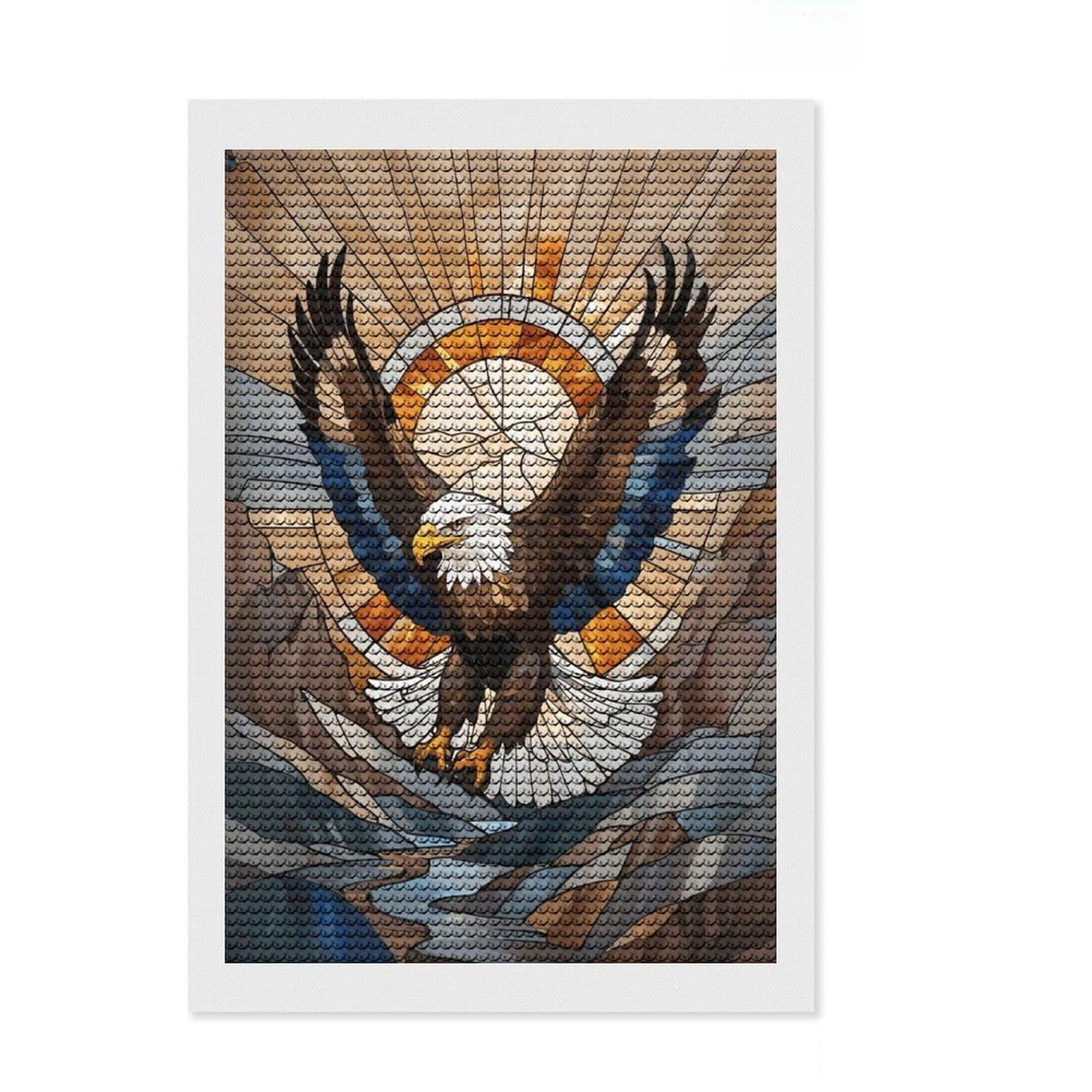 Junmoney Eagle Stained Glass 5D Diamond Painting Kit 8"x12", Round Gems, Aesthetic Room Decor, Seasonal Gift Choice, Gift Idea, Leisure Activity