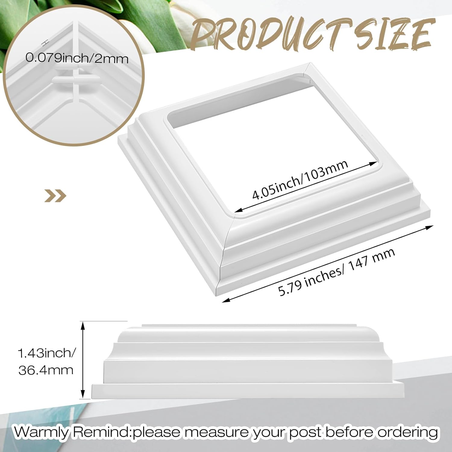 Thyle 8 Pcs True 4x4 Inches Vinyl Post Skirt Post Base Cover Column Wraps for Porch Deck Base Vinyl Sleeve White Trim for Hand and Stair Rails