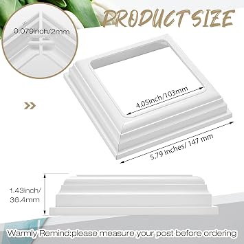 Thyle 4 Pcs True 4x4 Inches Vinyl Post Skirt Post Base Cover Column Wraps for Porch Deck Base Vinyl Sleeve White Trim for Hand and Stair Rails
