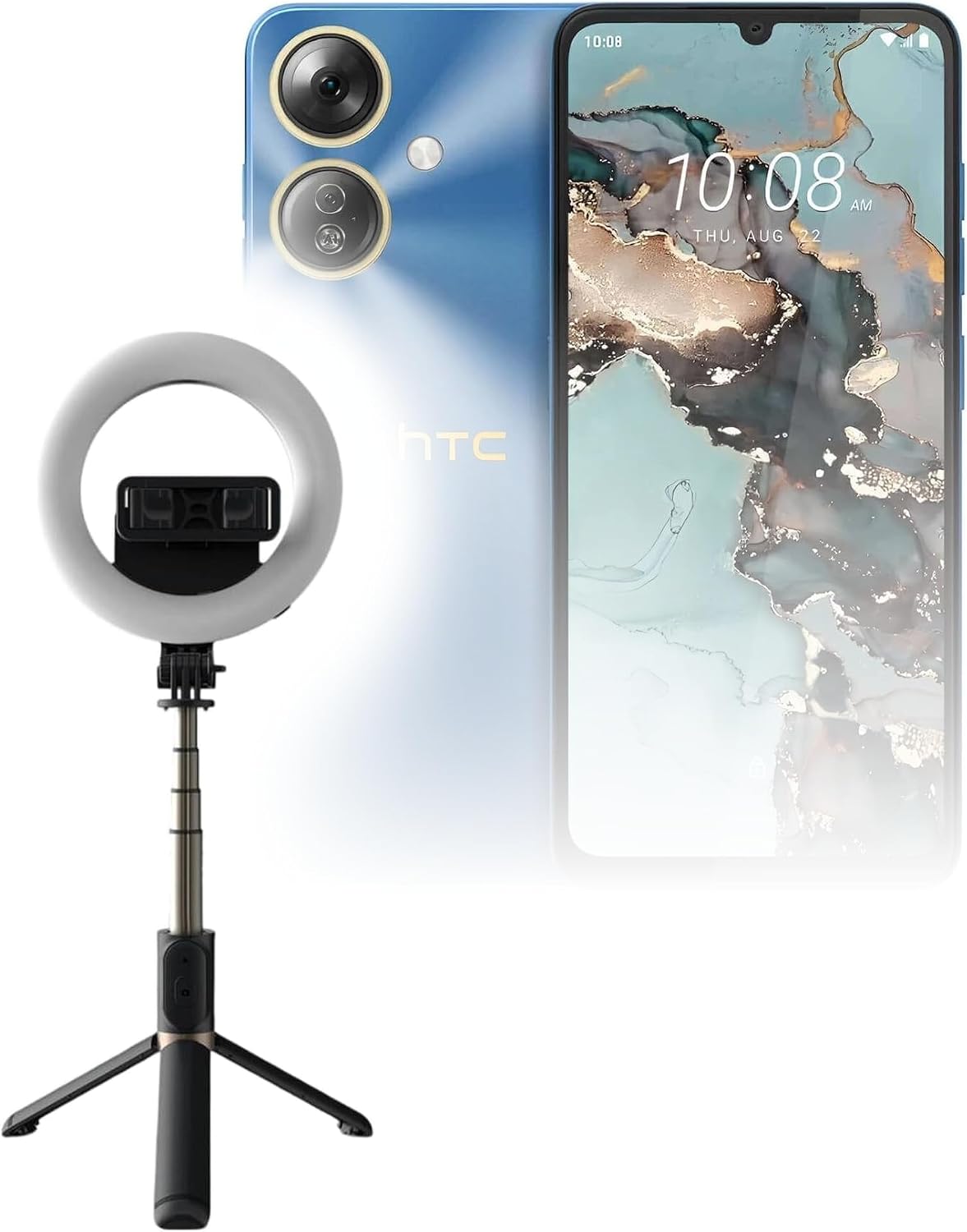 BoxWave Stand and Mount Compatible with HTC Wildfire E5 Plus - RingLight SelfiePod, Selfie Stick Extendable Arm with Ring Light - Jet Black