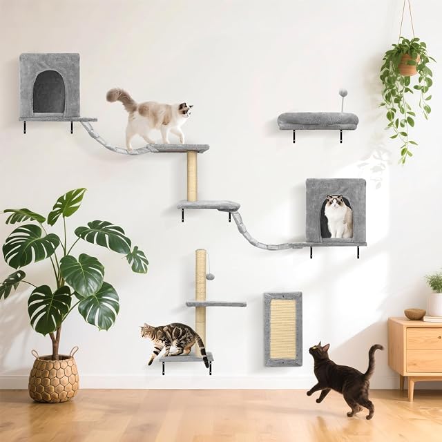 Foto 7 de 7 de Nobleza 6 Set de Pared de Escalada para Gatos, con 2 Casitas, Puente Colgante, Poste Rascador de Sisal…