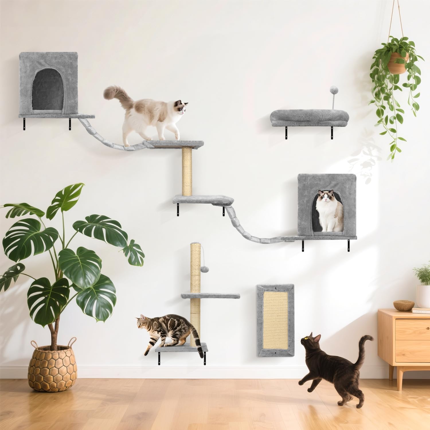 Nobleza Kletterwand Katzen 6 Set, Lounging bis 10 kg, Stabiles Katzen wandelemente für Schlafen, Spielen, 2 Katzenhäuser mit stabilen Kratzsäulen, Hängebrücke & festem Kratzbrett