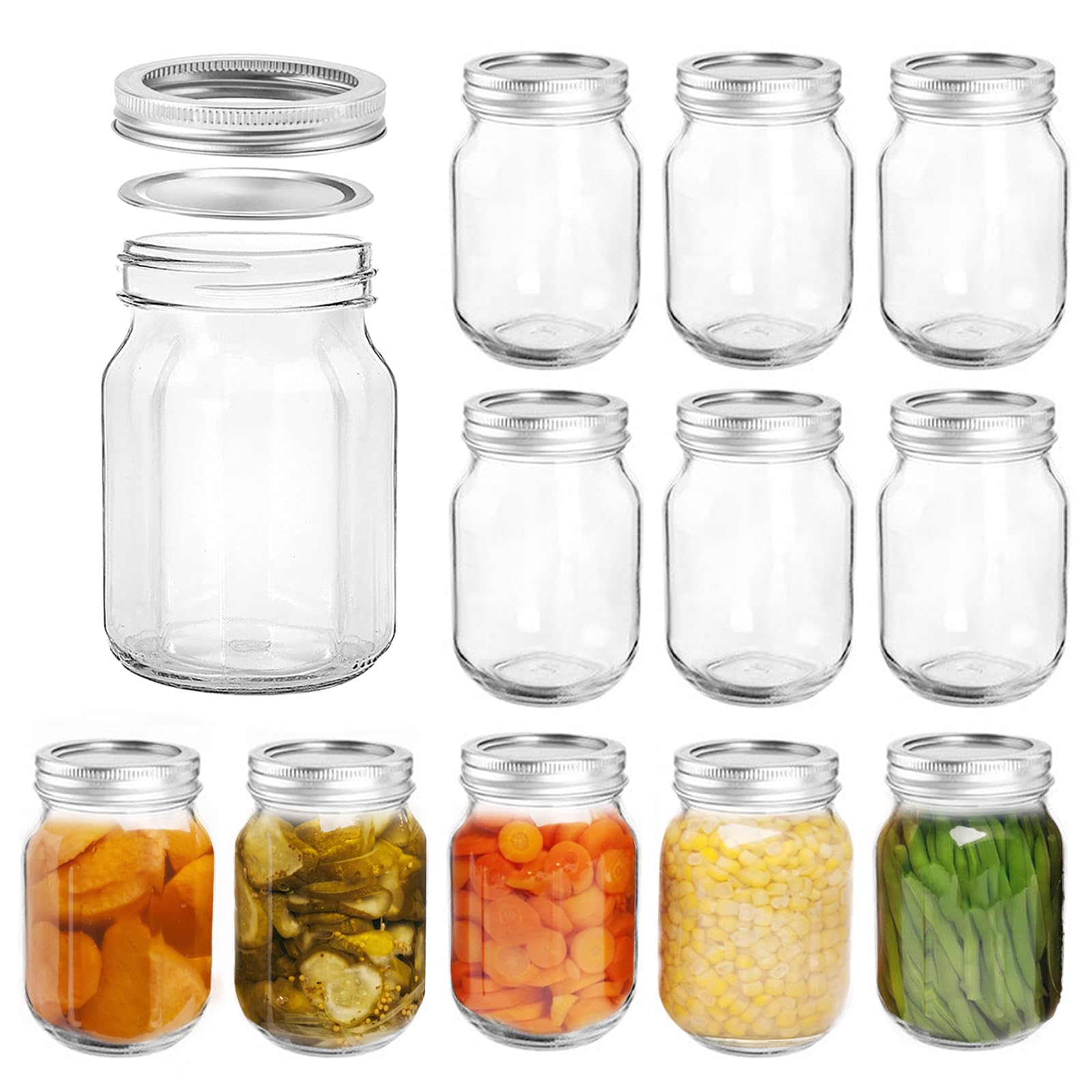 LYCN 12 Pack Glass Regular Mouths Mason Jars, 16oz/500ml Canning Jars with Airtight Lids and Seal Bands, Clear Food Storage Glass Pint Jar for Honey Spices Pickling Jam Jelly Overnight Oats