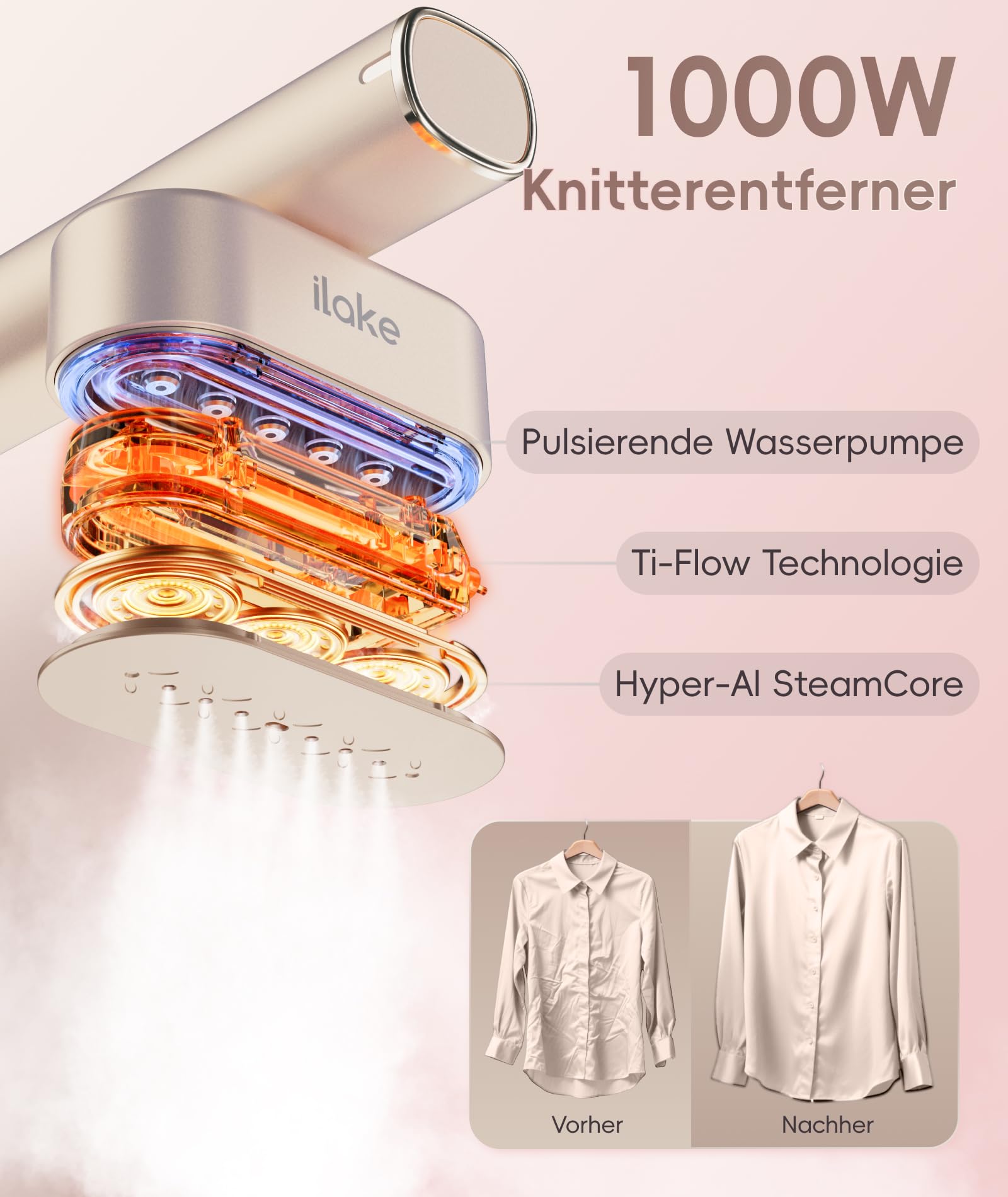 Dampfglätter für Kleidung, Handheld 100-240V Dual Voltage Travel Dampfglätter, 1000W und 120ML Wassertank Tragbarer Dampf & Bügeleisen 2 in 1 für Geschäftsreisen Zuhause, Roségold