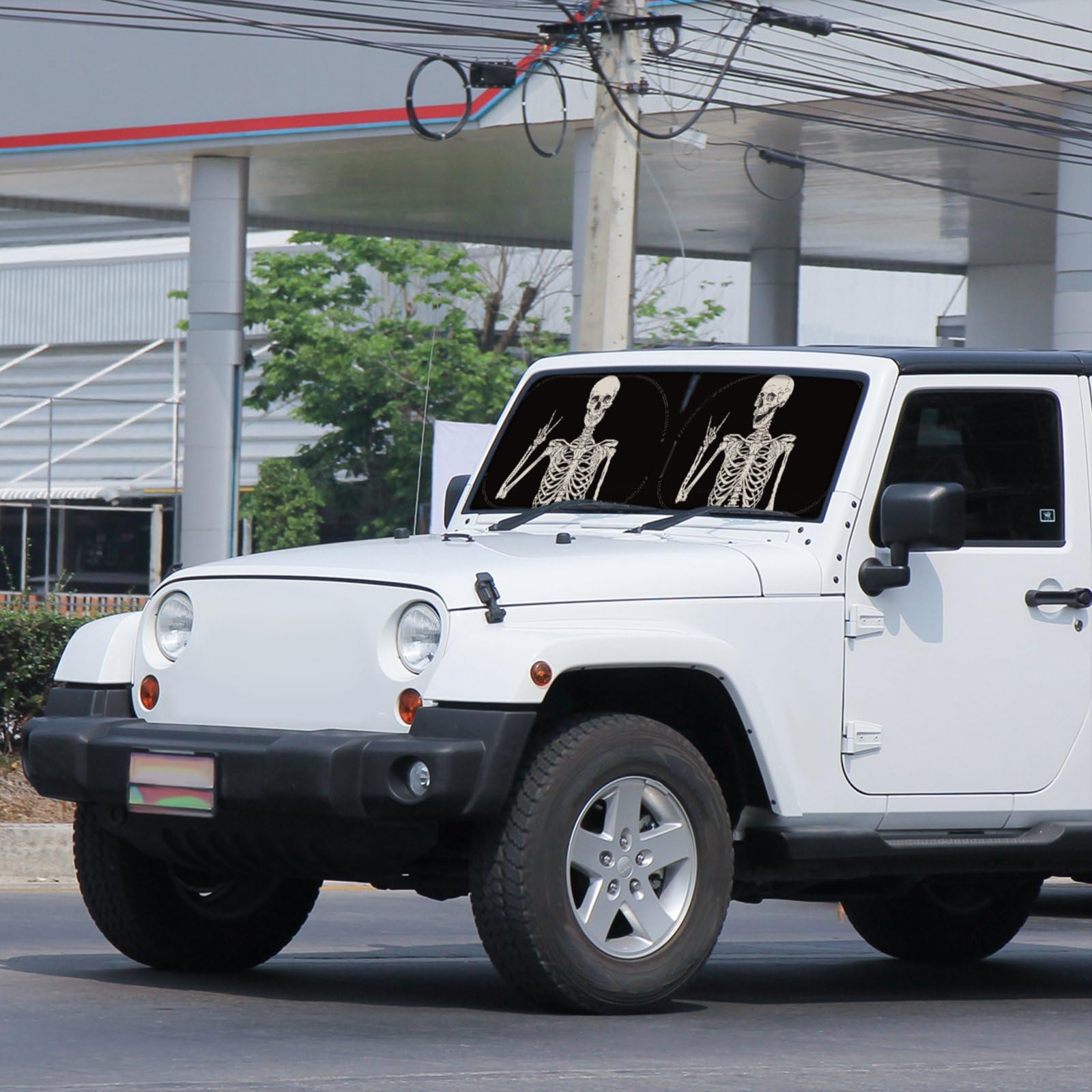 DaisyInner Parasol para parabrisas compatible con Jeep JK JKU JL JLU 1997-2023 y compatible con JT 2020-2023, visera plegable que bloquea los rayos UV (negro blanco, esqueleto)