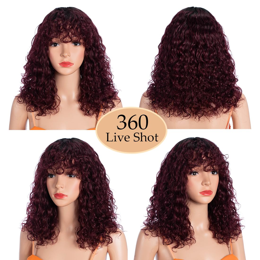 14inch Short Curly Wigs with Bangs Human Hair for Black Women Human Hair Afro Natural Curly Wig Brazilian Virgin Curly Wig 180% Density None Lace Front Bob Wigs TT1B/99J - Image 2