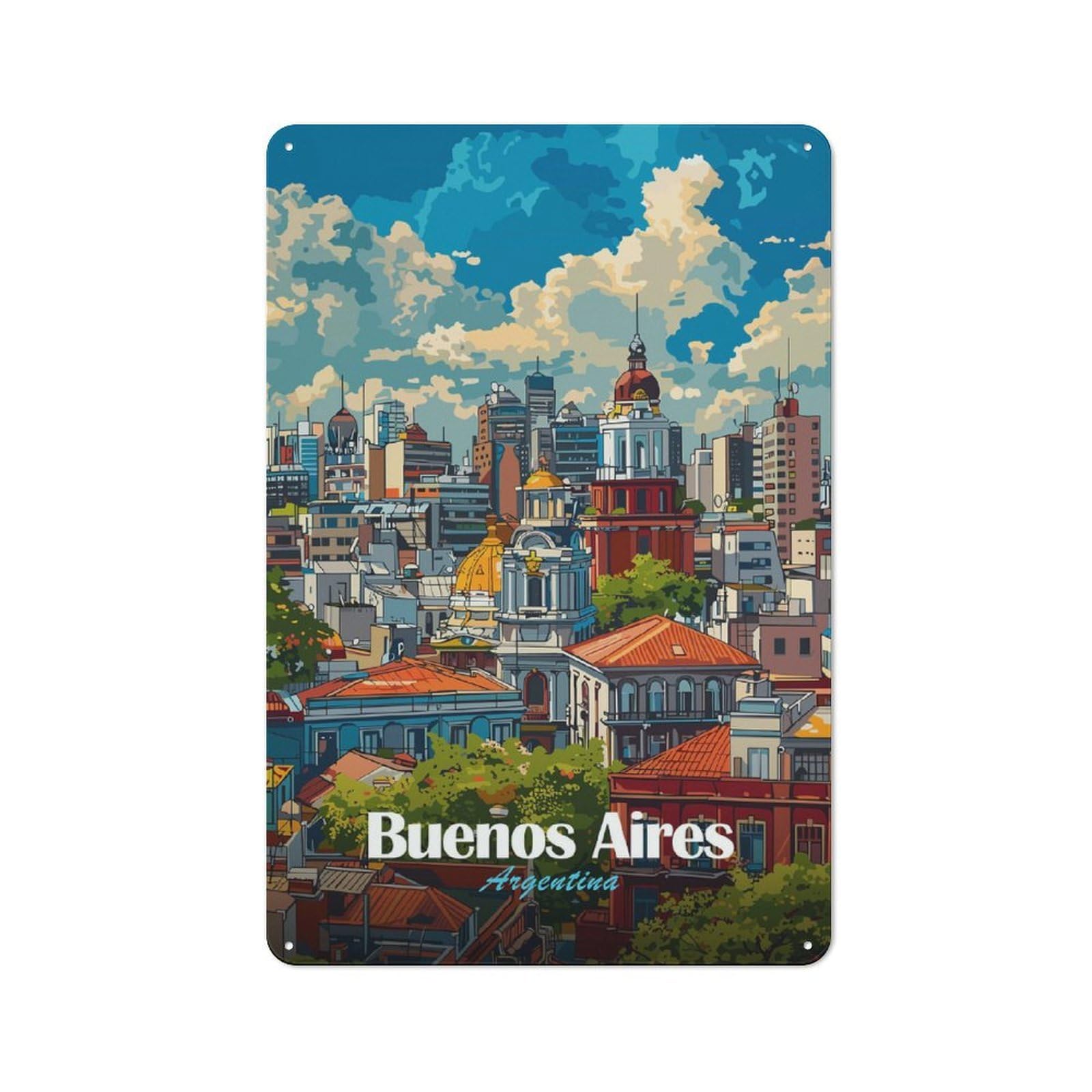 Junmoney Style-5 Metal Plaque 30X20cm With Buenos Aires Cityscape For Garage Wall, Retro Decor, For Themed Interiors In Garages And Workshops