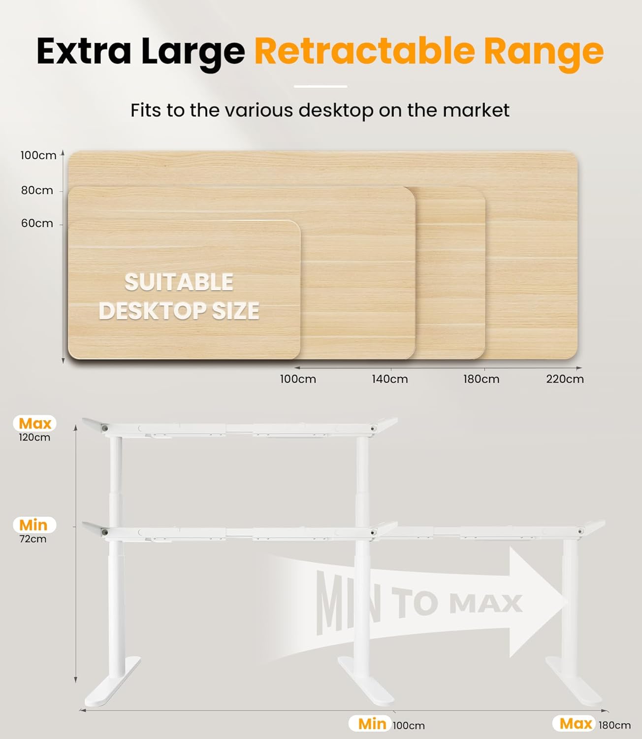 Diagram illustrating the adjustable height and width range of the MAIDeSITe EL2 Pro Art desk frame.