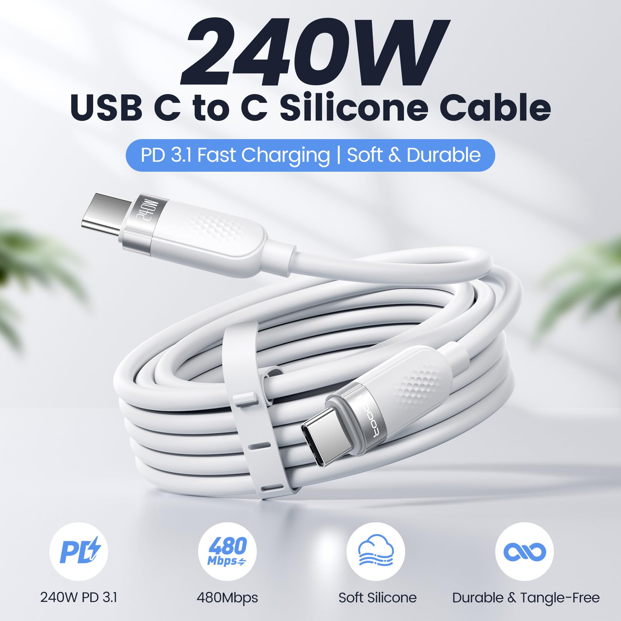 toocki Cavo USB C da 240 W, cavo di ricarica rapida in silicone, confezione da 2, 3 m