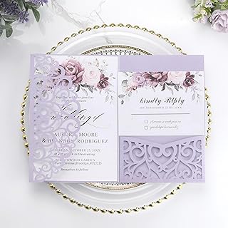 Wedding Invitations with Envelopes and RSVP Cards 50PCS Purple Laser Cut...