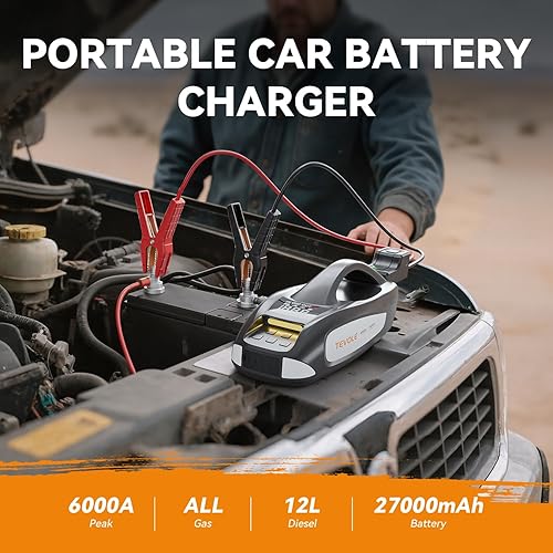 Miniatura 3 de Arrancador de 6000 A con compresor de aire, 27000mAh 160PSI batería portátil de coche, batería de 12 V (todo gas 12L diesel), luz y cables de puente
