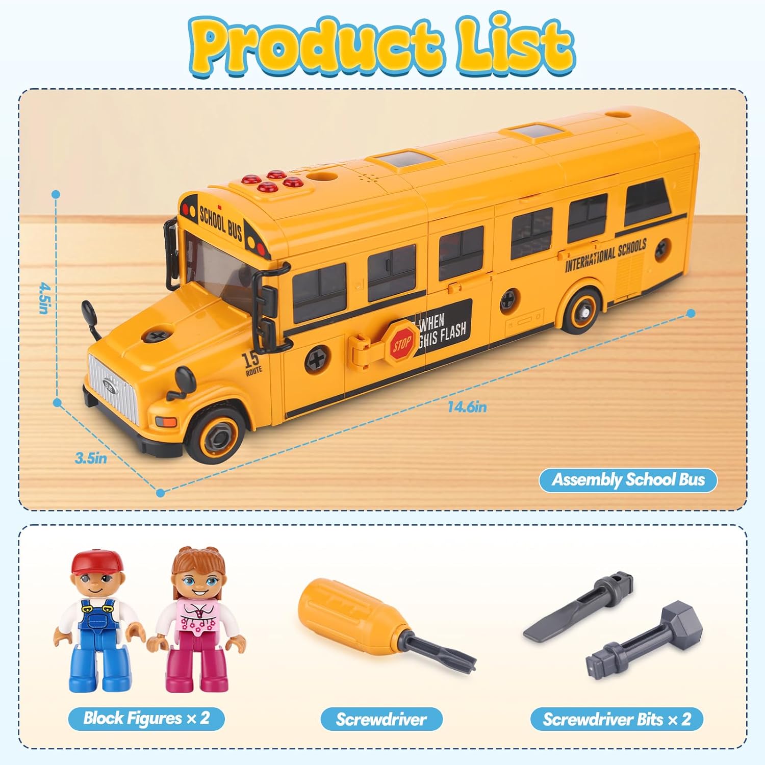 Crelloci Take Apart School Bus Toy, Large DIY Assembly Vehicle with Screwdriver Handle + 3 Bits, Lights & Sounds, Inertia Powered, Openable Doors, Includes 2 Student Figures – Gift for Kids Ages 3+