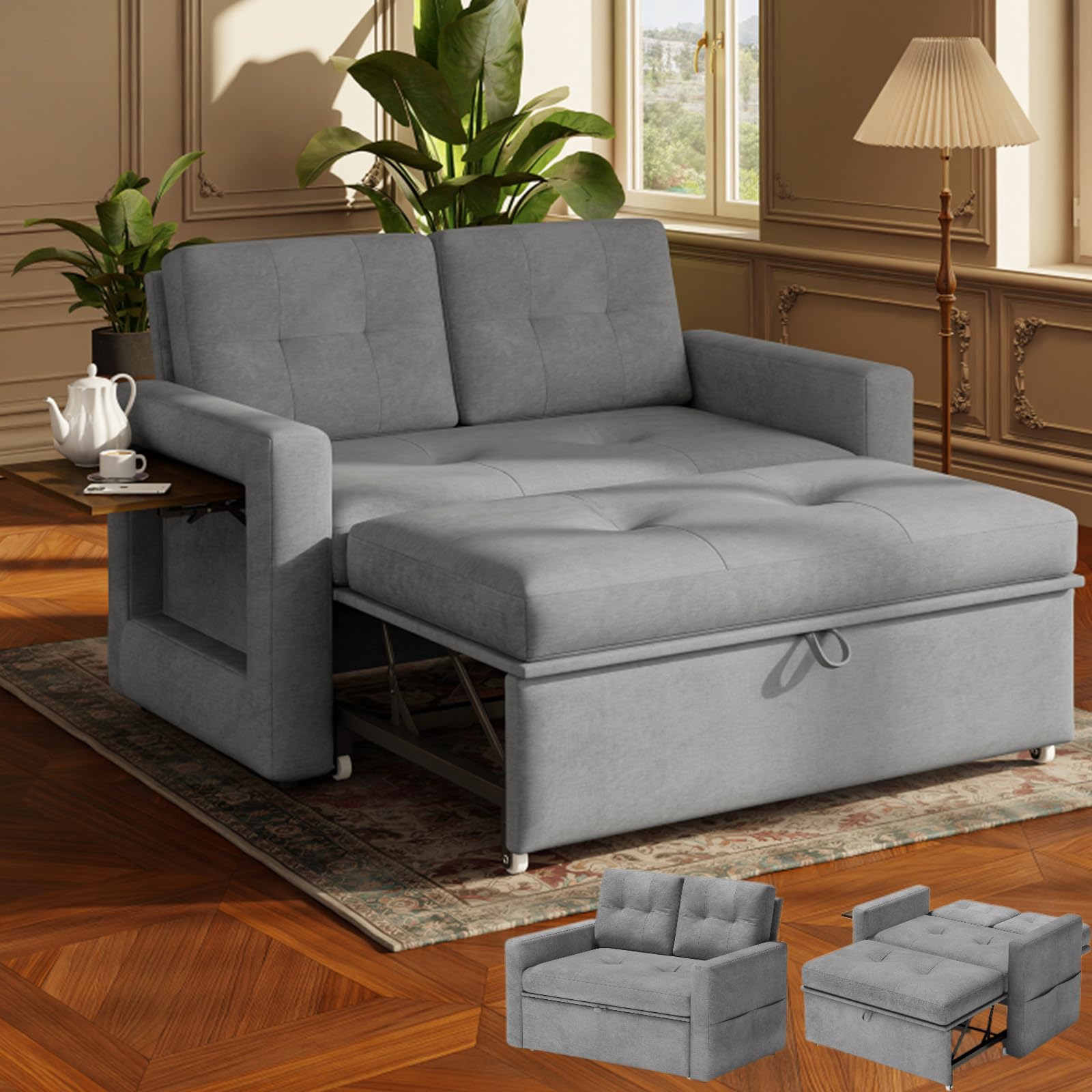 YOUDENOVA Sofa mit Schlaffunktion, Schlafsofa mit 5-stufig Verstellbarer Rückenlehne, Schlafcouch mit Bettfunktion, Couch mit Tisch & Seitentasche, 2 Sitzer Sofa Bed 177x135 cm, Chenille Grau