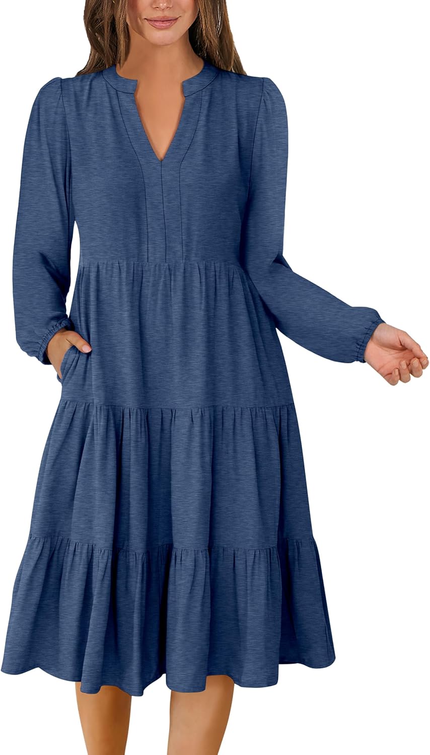 ANRABESS Long Sleeve Midi Dresses for Women V Neck 2025 Fall Fashion Casual Loose Fit Flowy Swing Tiered Vacation Boho Dress
