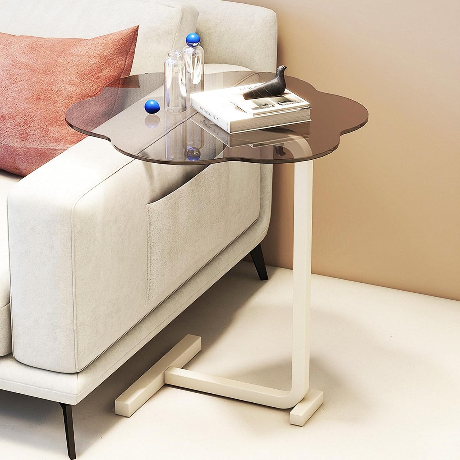 Glass C Table, Clear C Shaped End Table for Couch and Bed, Small Couch Side Tables That Slide Under, C Shaped Tempered Glass Snack Coffee Table for Small Spaces, Flower & Round Shaped (Flower white)
