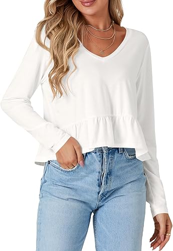 Vrtige Women's V Neck Long Sleeve Peplum Ruffle Hem Babydoll Blouse Shirt Crop T
