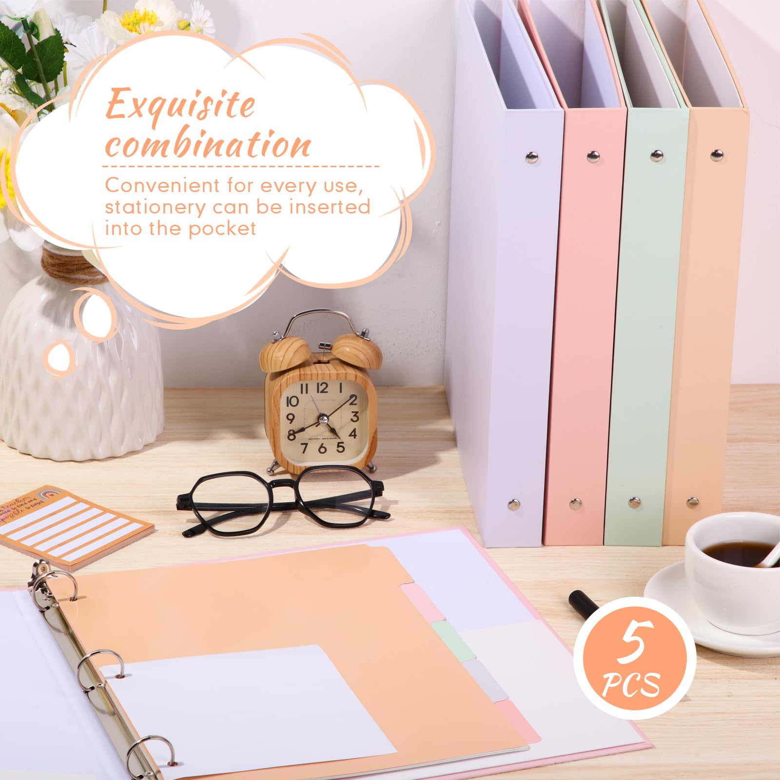 Ctosree Lot de 5 classeurs robustes à 3 anneaux de 2,5 cm avec 2 poches avec 5 intercalaires de 21,6 x 27,9 cm en film plastique et étiquettes de classeur pour papier format lettre, fournitures