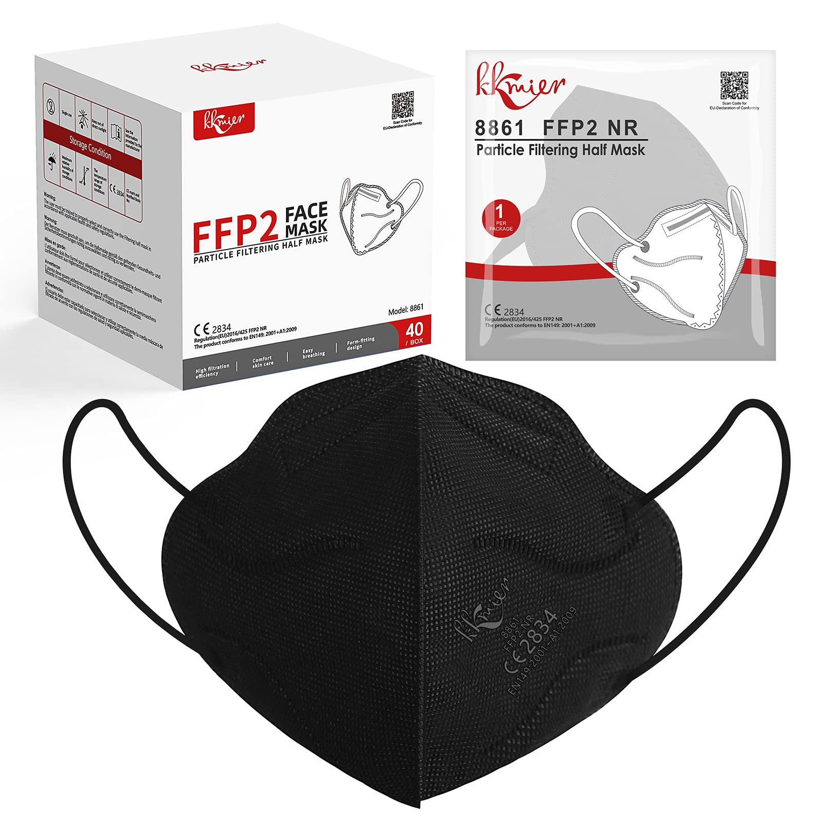 KKmier 40pcs FFP2 Masks, CE Certified Disposable Face Masks Mouth Cover, 5 Layer Filtration System>95%