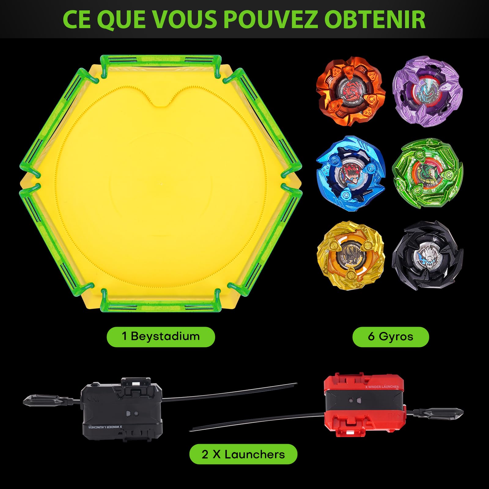 DEZAWRTY X Battle Arène Set, 6 toupies et 2 lanceurs, 1 Stadium de Combat pour Les Enfants à partir de 6 Ans, Cadeau de Jeu pour Les garçons