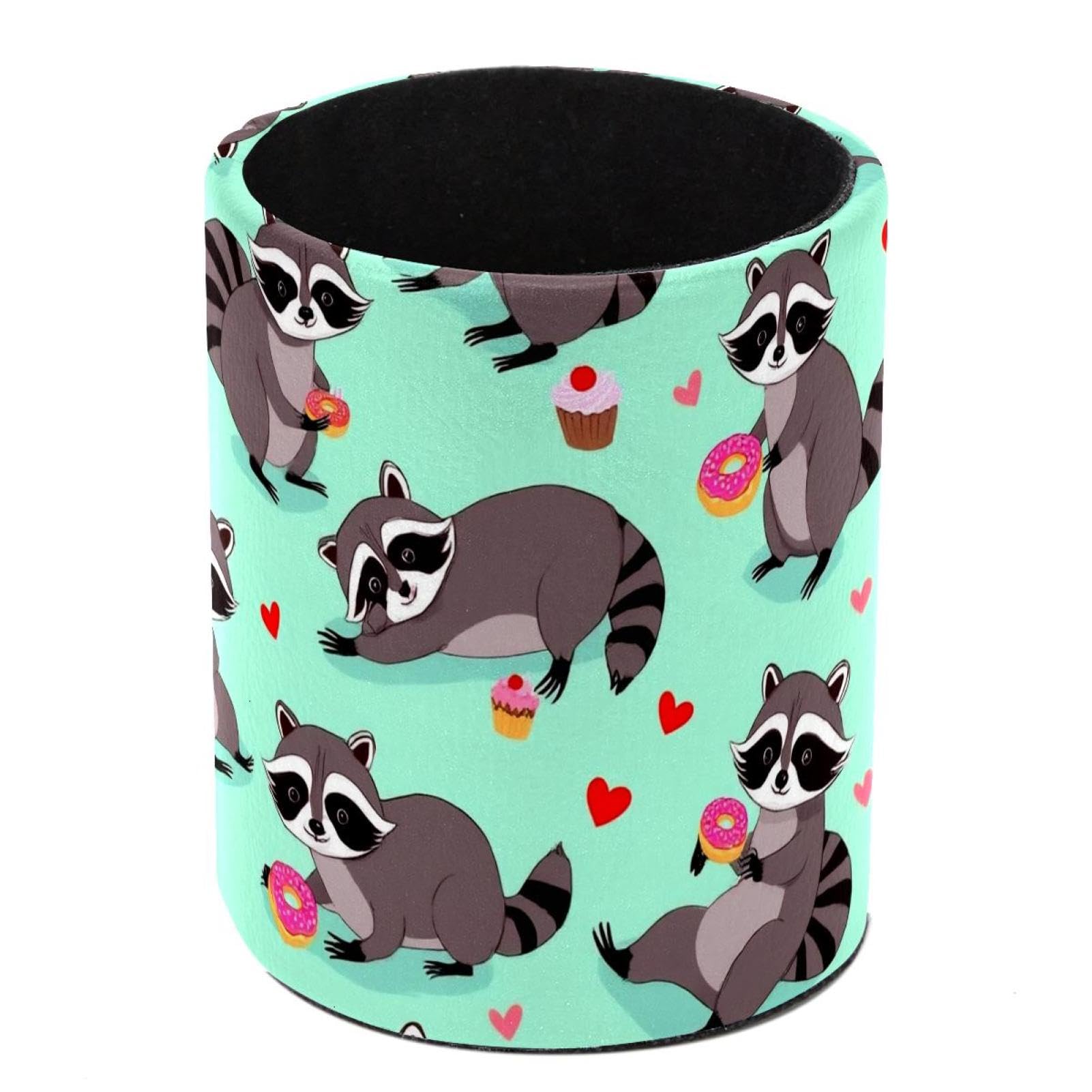 HEOEH Raccoon Donut Pen Holder for Desk, PU Leather Pencil Holder Pen Cup Marker Holder Makeup Brush Holders, Desk Accessories & Workspace Organizers for Home, Office