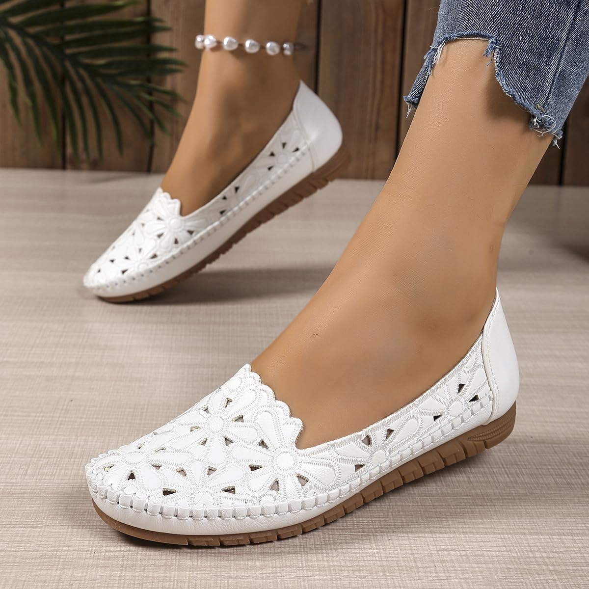Mocasines planos para mujer, diseño floral, huecos, transpirables, ligeros, ortopédicos, sin cordones, zapatos de ballet anchos ortopédicos, White, 39.5 EU