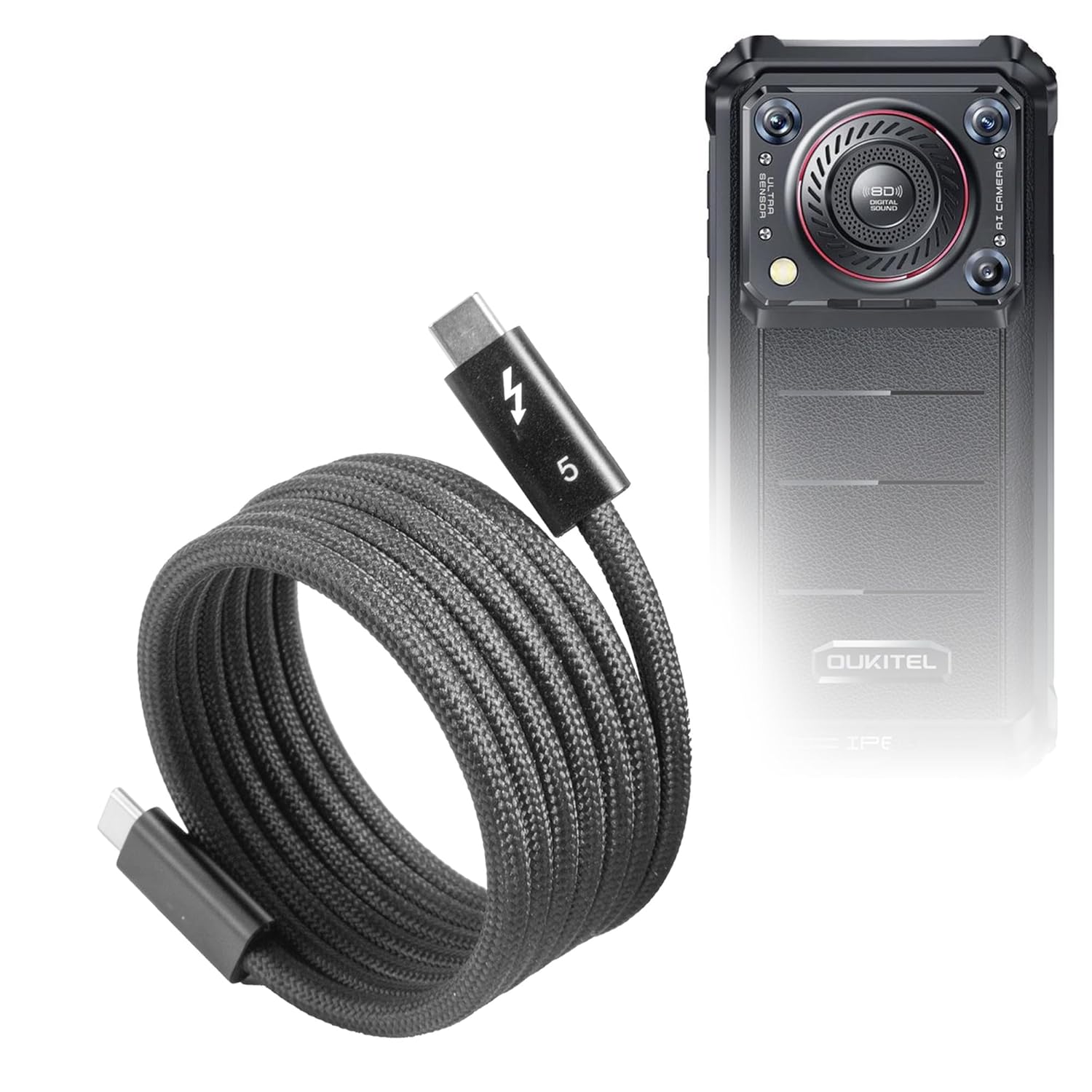 BoxWave Cable Compatible with Oukitel WP36 Pro - SnapWrap Thunderbolt 5.0 Cable (5ft 240W), Magnetic Self-Coiling Nylon Braided Retractable - Jet Black