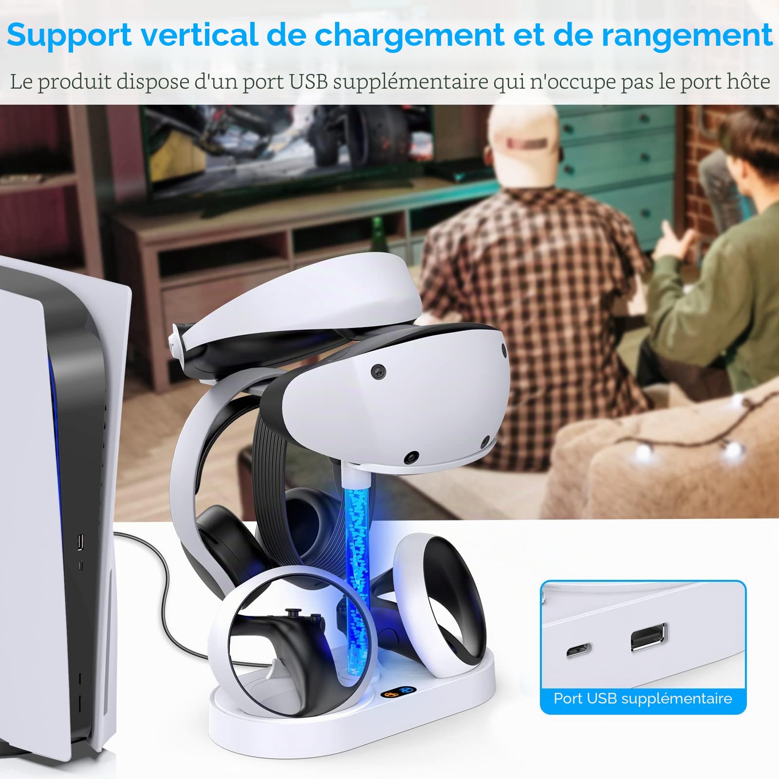 MENEEA Station de Charge pour PSVR2 avec 9 Lumières RGB | Station de Charger pour Manette PlayStation VR2, Support de Casque et 4 Ports de Chargement Magnétiques de Type C